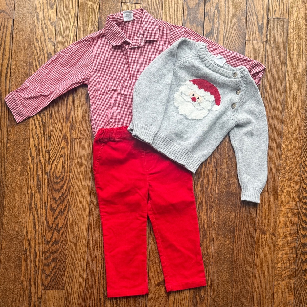 Festive Red Checkered Shirt and Gray Santa Sweater Set